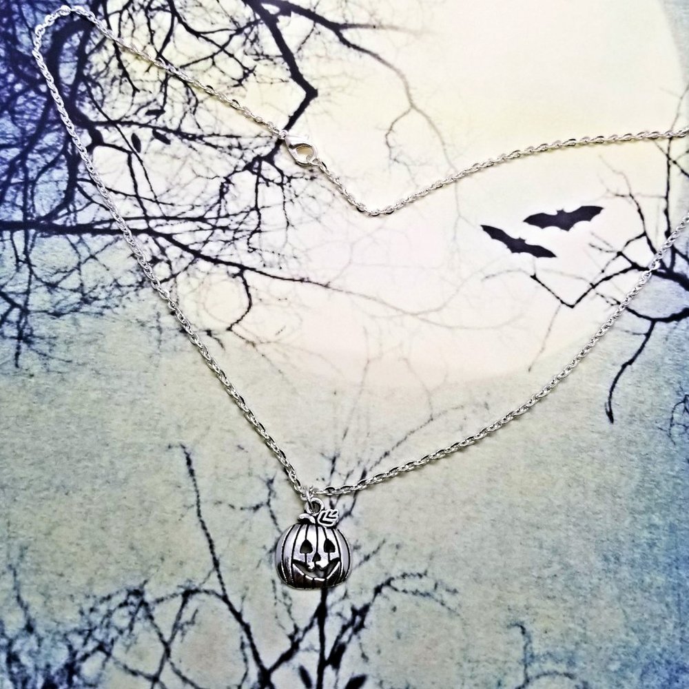 Halloween Jack-O-Lantern Silver Necklace - Picture 2 of 3